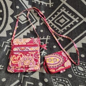 Vera Bradley Raspberry Fizz Mini Hipster Cross Body Bag & Mini Zip Wallet